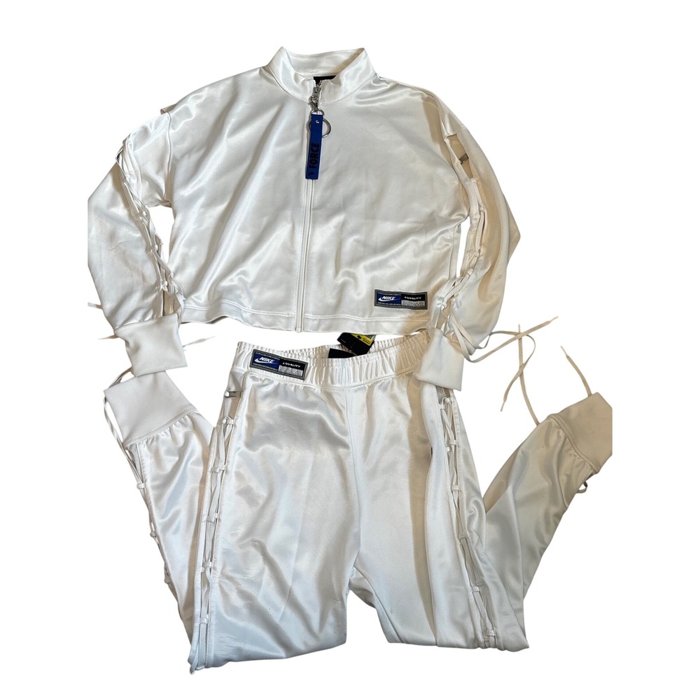Nike Equality White Satin Lace Up Tracksuit Set Cropped Jacket Pants Small